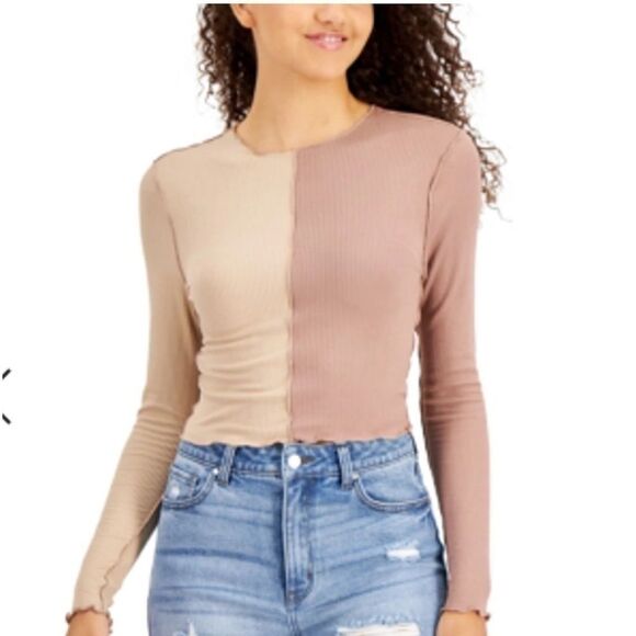 Just Polly juniors’ colorblocked top tan, cacao size Large - Picture 3 of 4